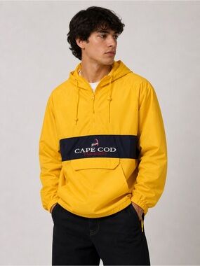 Cape Cod Yellow Hooded Windbreaker with Navy Chest Panel
